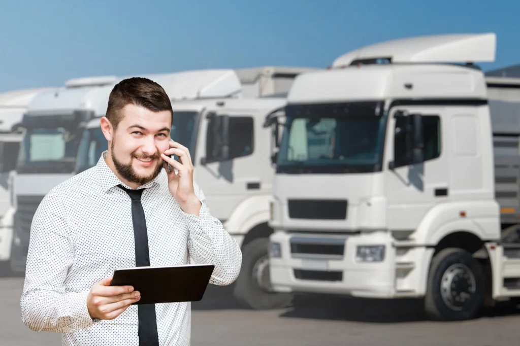 Man on the phone in front of a fleet of trucks