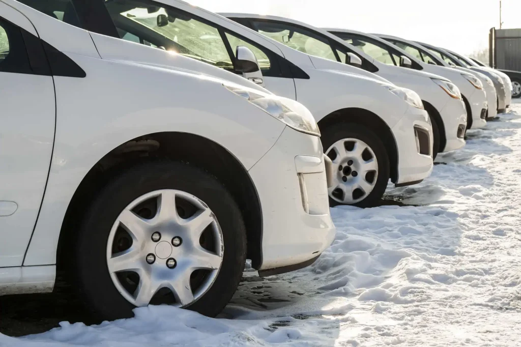 Fleet of business cars parked in a row