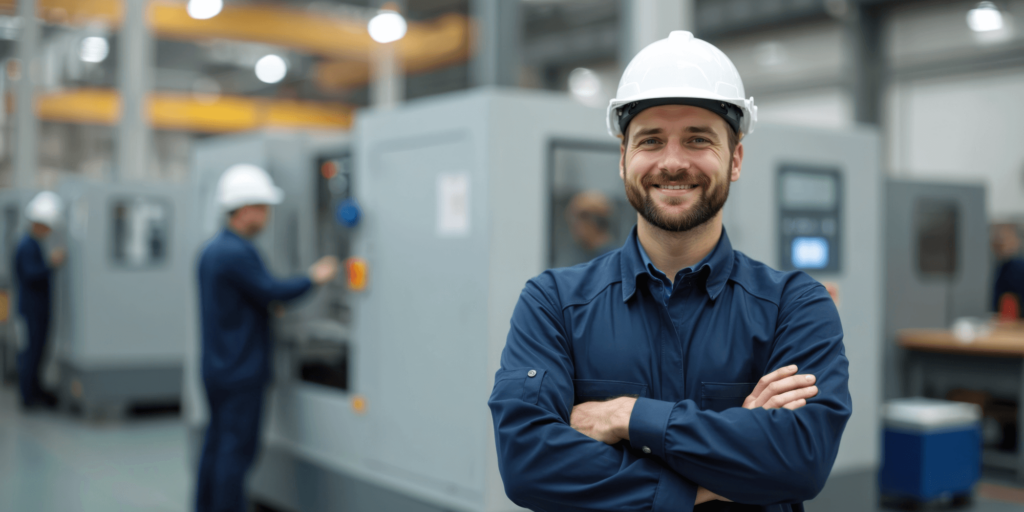 A confident factory worker wearing a hard hat stands with arms crossed in a modern manufacturing facility, symbolising businesses involved in product design or production that could benefit from product liability insurance.