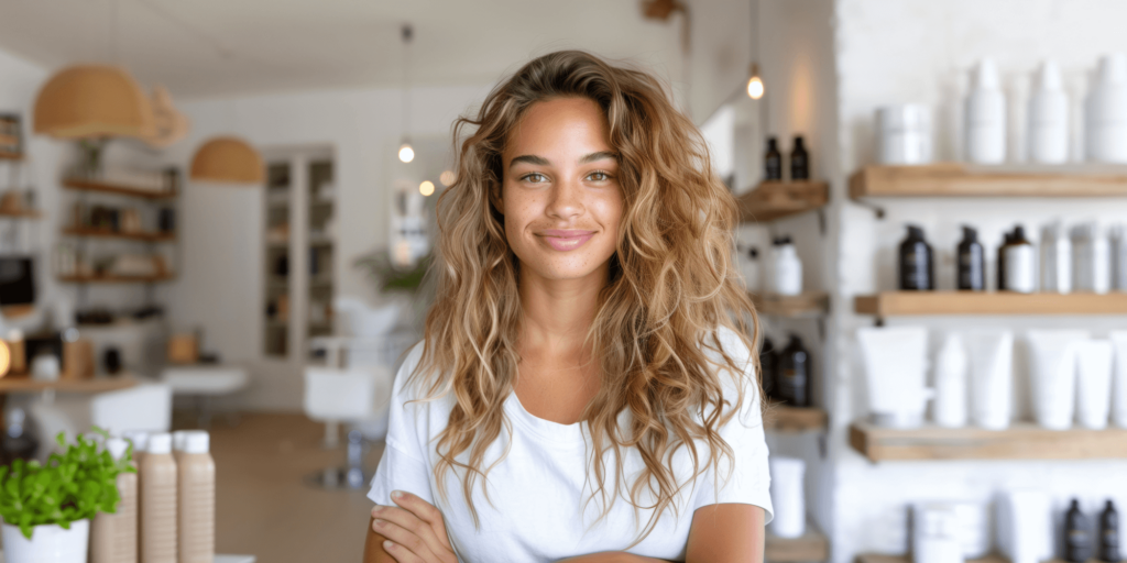 Confident salon owner with wavy hair smiling in a modern beauty salon surrounded by shelves of professional hair and skincare products.